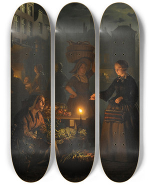 Triptych art skateboard deck of Petrus Van Schendel A Moonlitvegetable Market by Petrus Van Schendel (1806-1870)