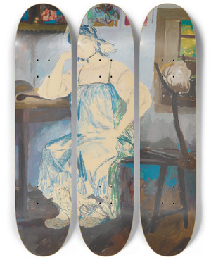 Triptych art skateboard deck of Filipp Malyavin Seated Woman In An Interior by Filipp Malyavin (1869-1940)