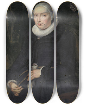 Triptych art skateboard deck of Bartholomus Sarburgh Portrait Of Chrischona Jeckelmann Wife Of Thomas Platter Ii by Bartholomaus Sarburgh (1590-1637)