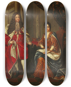 Triptych art skateboard deck of Charles Boit After Portrait Of Queen Anne Of England And George Prince Of Denmark by Charles Boit After (1662-1727)