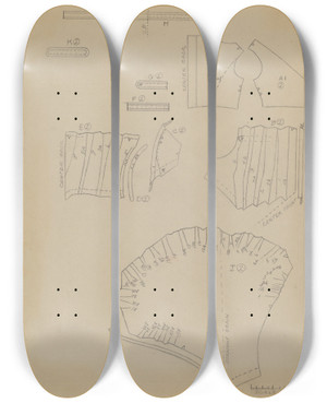 Triptych art skateboard deck of Jean Peszel Pattern For Dress_1 by Jean Peszel