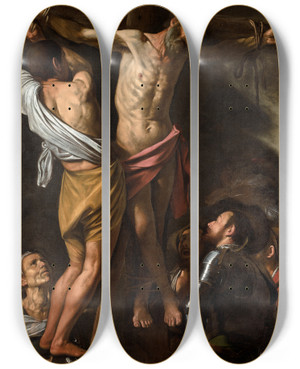 Triptych art skateboard deck of Caravaggio The Crucifixion Of Saint Andrew by Caravaggio (1571-1610)