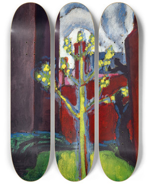 Triptych art skateboard deck of Oscar Bluemner Young Tree In Red Courtyard by Oscar Bluemner (1867-1938)