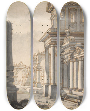 Triptych art skateboard deck of Mauro Antonio Tesi Facade And Ruins by Mauro Antonio Tesi (1730-1766)