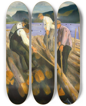 Triptych art skateboard deck of Erik Werenskiold Men Working On A Timber Boom by Erik Werenskiold (1855-1938)