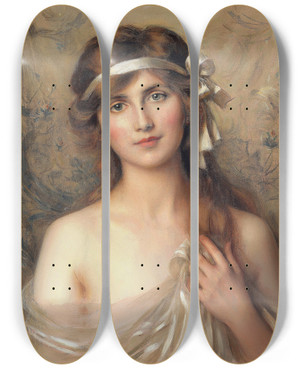 Triptych art skateboard deck of Albert Lynch The White Ribbon by Albert Lynch (1860-1950)