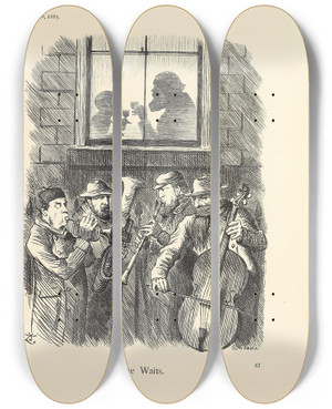 Triptych art skateboard deck of Sir John Tenniel The Waits by Sir John Tenniel (1820-1914)