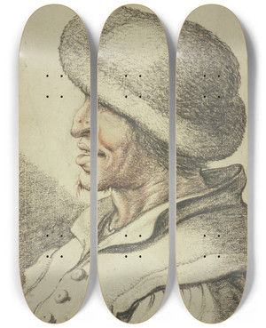 Triptych art skateboard deck of Esaias Van De Velde Bust Of A Peasant In Left Profile by Esaias van de Velde (1587-1630)