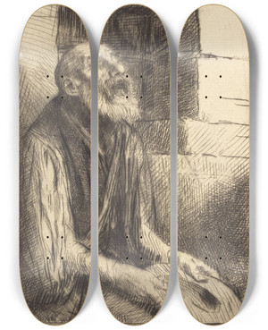 Triptych art skateboard deck of Alphonse Legros Seated Beggar Mendiant Assis by Alphonse Legros (1837-1911)