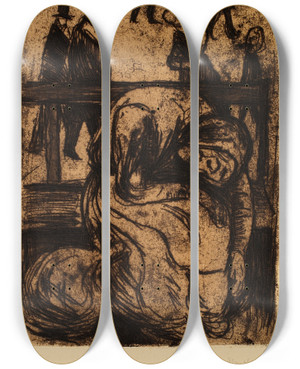 Triptych art skateboard deck of Edvard Munch Elderly Woman On A Bench by Edvard Munch (1863-1944)