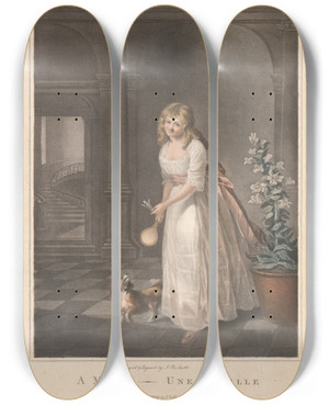 Triptych art skateboard deck of John Raphael Smith A Maid Une Pucelle by John Raphael Smith (1752-1812)