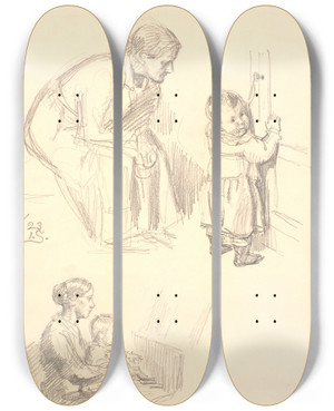 Triptych art skateboard deck of Joakim Skovgaard To Figurstudier Verst En Siddende Kvinde Som Iagttager Et Barn Ved En Dr Nederst En Kvinde Med Et Banr Ved Klaveret by Joakim Skovgaard (1856-1933)