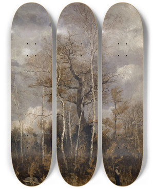 Triptych art skateboard deck of Carl Theodor Meyerbasel Oak And Birch Trees In Early Spring by Carl Theodor Meyer-Basel (1860-1932)