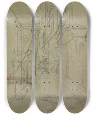 Triptych art skateboard deck of August Von Pettenkofen Perspektivskizze Zu Straenkampf In Einem Venezianischen Gsschen by August Von Pettenkofen (1822-1889)