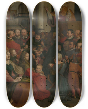 Triptych art skateboard deck of Ambrosius Francken I Saint Eligius Of Noyon Preaches In Antwerp by Ambrosius Francken I (1544-1618)