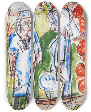 Triptych art skateboard deck of Ernst Ludwig Kirchner Buerinnen Am Brunnen Auf Der Stafelalp by Ernst Ludwig Kirchner (1880-1938)