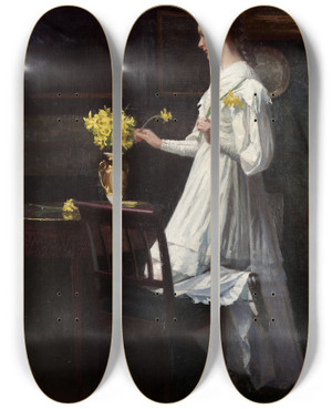Triptych art skateboard deck of Carl Thomsen Arranging Daffodils by Carl Thomsen (1847-1912)