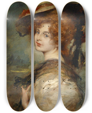 Triptych art skateboard deck of Leopold Schmutzler Bildnis Einer Dame Mit Rotem Haar Und Hut by Leopold Schmutzler (1864-1941)