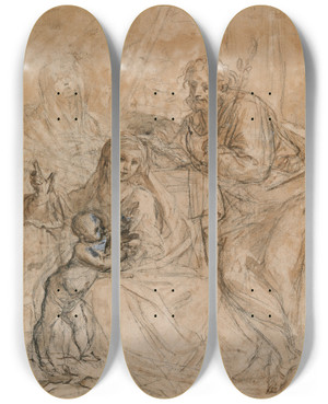 Triptych art skateboard deck of Giovanni Antonio Burrini The Holy Family With A Female Saint by Giovanni Antonio Burrini (1656-1727)