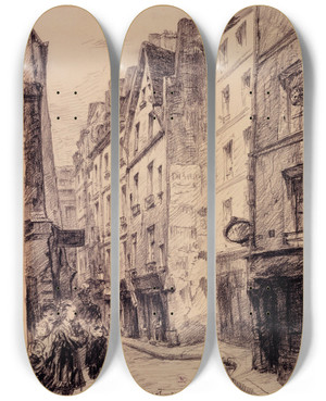 Triptych art skateboard deck of Camille Bourget La Rue De Lhtel De Ville by Camille Bourget (1861-1924)
