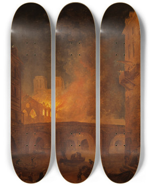 Triptych art skateboard deck of Hubert Robert The Fire Of Hteldieu In Paris by Hubert Robert (1733-1808)