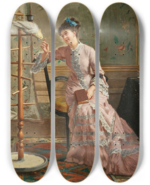 Triptych art skateboard deck of Gustave Lonard De Jonghe A Cockatoo by Gustave Leonard De Jonghe (1829-1893)