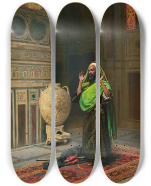 Triptych art skateboard deck of Ludwig Deutsch The Morning Prayer by Ludwig Deutsch (1855-1935)