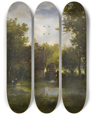 Triptych art skateboard deck of Leon Richet Le Moulin A Eau by Leon Richet (1847-1902)