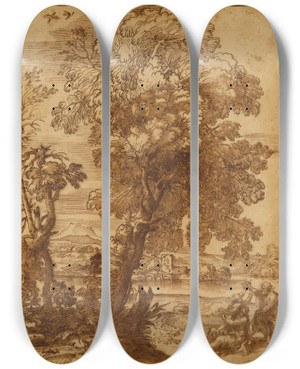 Triptych art skateboard deck of Alessandro Algardi Landscape With The Holy Family Rest On The Flight Into Egypt by Alessandro Algardi (1598-1654)