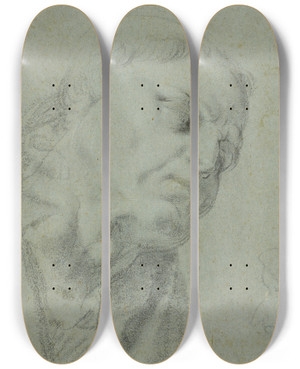 Triptych art skateboard deck of Agostino Carracci Head Of A Monk Caricature Of A Man In Profile by Agostino Carracci (1557-1602)