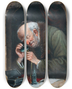 Triptych art skateboard deck of Carl Schleicher Der Pfandleiher by Carl Schleicher (1825-1903)