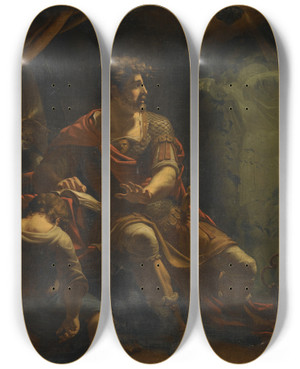 Triptych art skateboard deck of Henry Tresham Brutus Disturbed By The Ghost Of Caesar From Shakespeares Julius Caesar Act Iv Scene Iii by Henry Tresham (1750-1814)