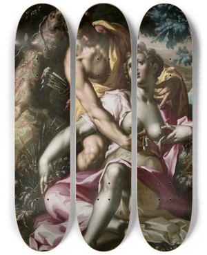 Triptych art skateboard deck of Joachim Wtewael Cephalus And Procris The Death Of Procris by Joachim Wtewael (1566-1638)
