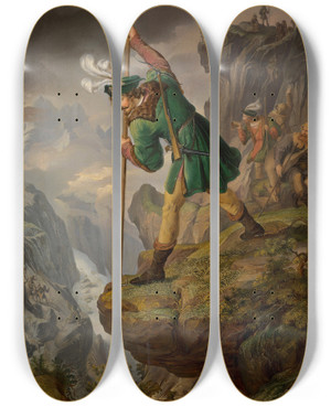 Triptych art skateboard deck of Franz Krammer Das Ende Der Gamsjagd by Franz Krammer (1797-1834)