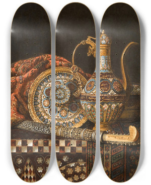 Triptych art skateboard deck of Max Schdl Still Life With Coffee Pot And Yataghan by Max Schodl (1834-1921)