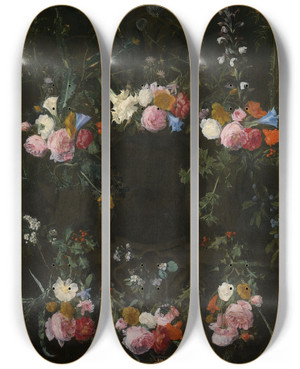 Triptych art skateboard deck of Daniel Seghers Sculpted Cartouche Adorned With Flower Garlands by Daniel Seghers (1590-1661)