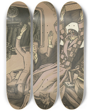 Triptych art skateboard deck of Fernand Simon Lattentat by Fernand Simeon (1884-1928)