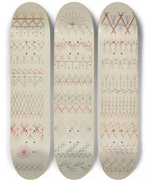 Triptych art skateboard deck of William Kieckhofel Crazy Quilt Stitches_1 by William Kieckhofel (20-)