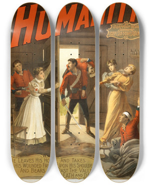 Triptych art skateboard deck of Strobridge Co Lith Humanity The Latest English Success_1 by Strobridge Co Lith (1847)