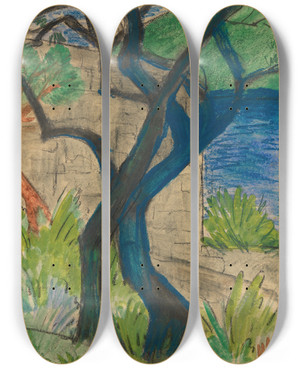 Triptych art skateboard deck of Otto Mueller Flussufer Mit Blauem Baum by Otto Mueller (1874-1930)