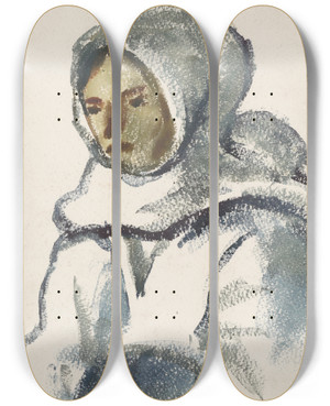 Triptych art skateboard deck of Zolo Palugyay Study Of A Girl In A Large Winter Scarf by Zolo Palugyay (1898-1935)