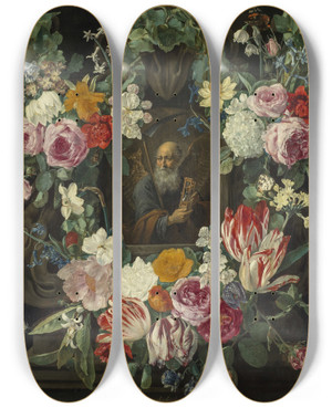 Triptych art skateboard deck of Carstian Luyckx Allegory Of Time In The Wreath Of Flowers by Carstian Luyckx (1623-1675)