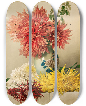 Triptych art skateboard deck of William Duffield Chrysanthemums by William Duffield (1816-1863)