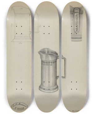 Triptych art skateboard deck of Rollington Campbell Pewter Pitcher by Rollington Campbell