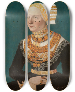 Triptych art skateboard deck of Conrad Faber Von Kreuznach Portrait Of A Woman by Conrad Faber Von Kreuznach (1490-1553)