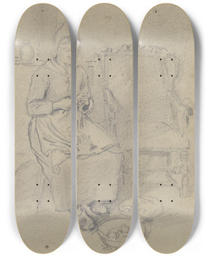 Triptych art skateboard deck of Jakob Frchtegott Dielmann Eine Alte Buerin Sitzt Neben Einem Sessel Und Schlt Kartoffeln by Jakob Furchtegott Dielmann (1809-1885)
