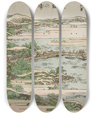 Triptych art skateboard deck of Katsushika Hokusai Returning Sails At Yabase by Katsushika Hokusai (1760-1849)