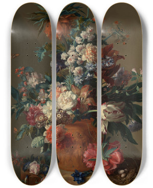 Triptych art skateboard deck of Jan Van Huysum Vase Of Flowers by Jan Van Huysum (1682-1749)