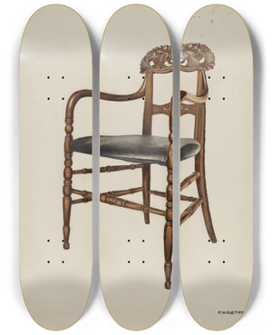 Triptych art skateboard deck of Florence Hastings Handcarved Chair by Florence Hastings