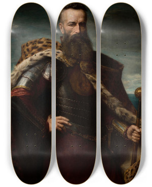 Triptych art skateboard deck of Leon Kapliski Portrait Of Hetman Stefan Czarniecki by Leon Kaplinski (1826-1873)